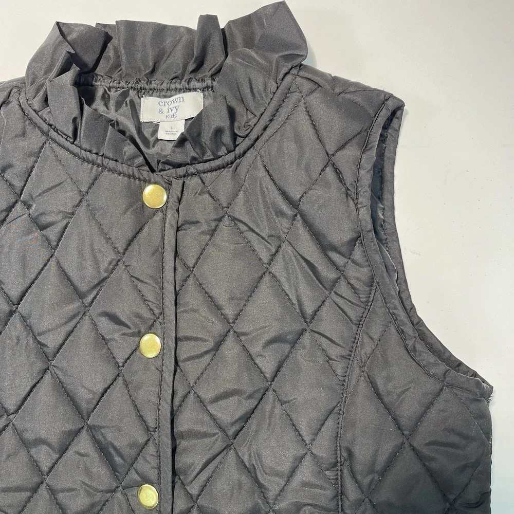 Crown And Ivy Girls Quilted Puffer Vest Black Large Ruffled Collar
